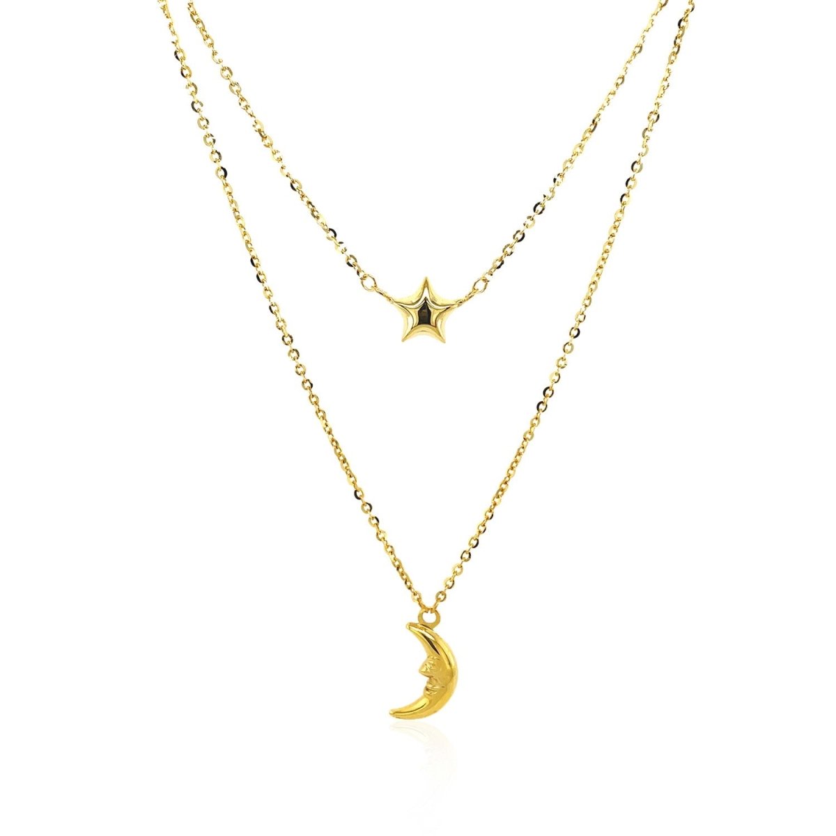 14k Yellow Gold Double - Strand Chain Necklace with Puff Moon and Star - Astrology House