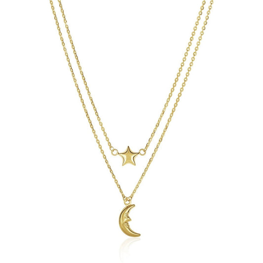 14k Yellow Gold Double - Strand Chain Necklace with Puff Moon and Star - Astrology House