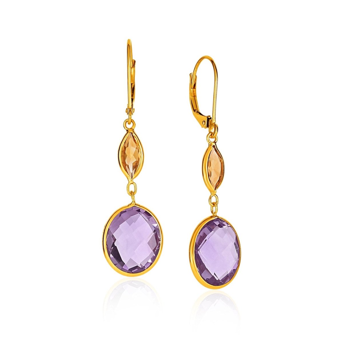 14k Yellow Gold Drop Earrings with Citrine and Amethyst Briolettes - Astrology House