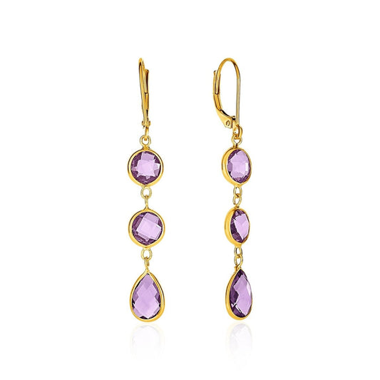 Drop Earrings with Round and Pear - Shaped Amethysts in 14k Yellow Gold - Astrology House