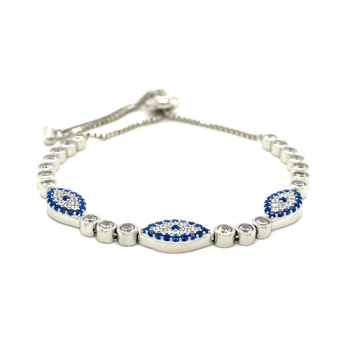 Sterling Silver Adjustable Enameled Evil Eye Bracelet with Cubic Zirconias (6.50 mm) - Astrology House