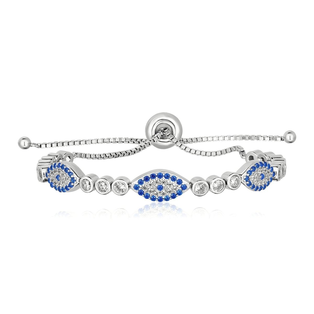 Sterling Silver Adjustable Enameled Evil Eye Bracelet with Cubic Zirconias (6.50 mm) - Astrology House