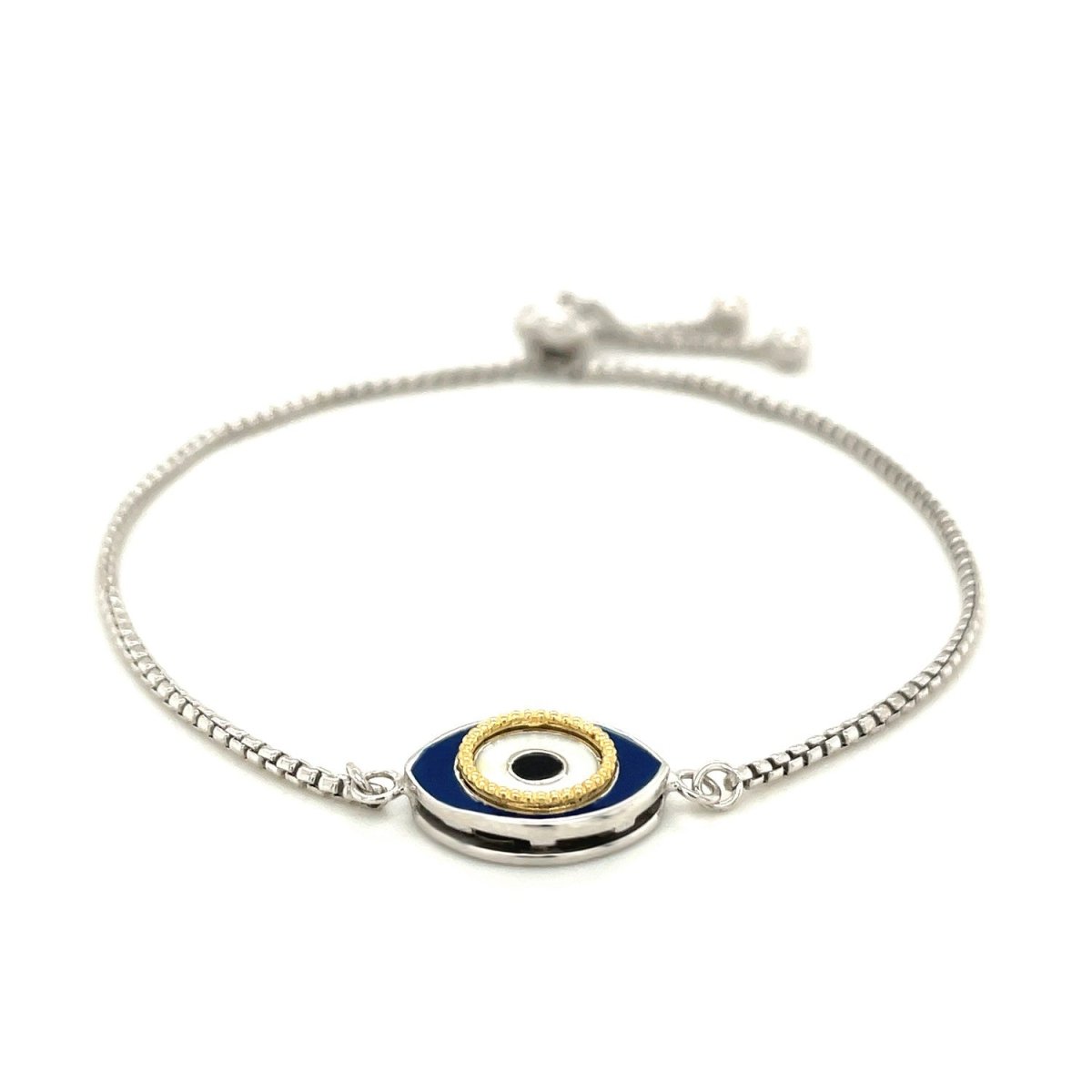 Sterling Silver Adjustable Two Toned Enameled Evil Eye Friendship Bracelet (1.00 mm) - Astrology House