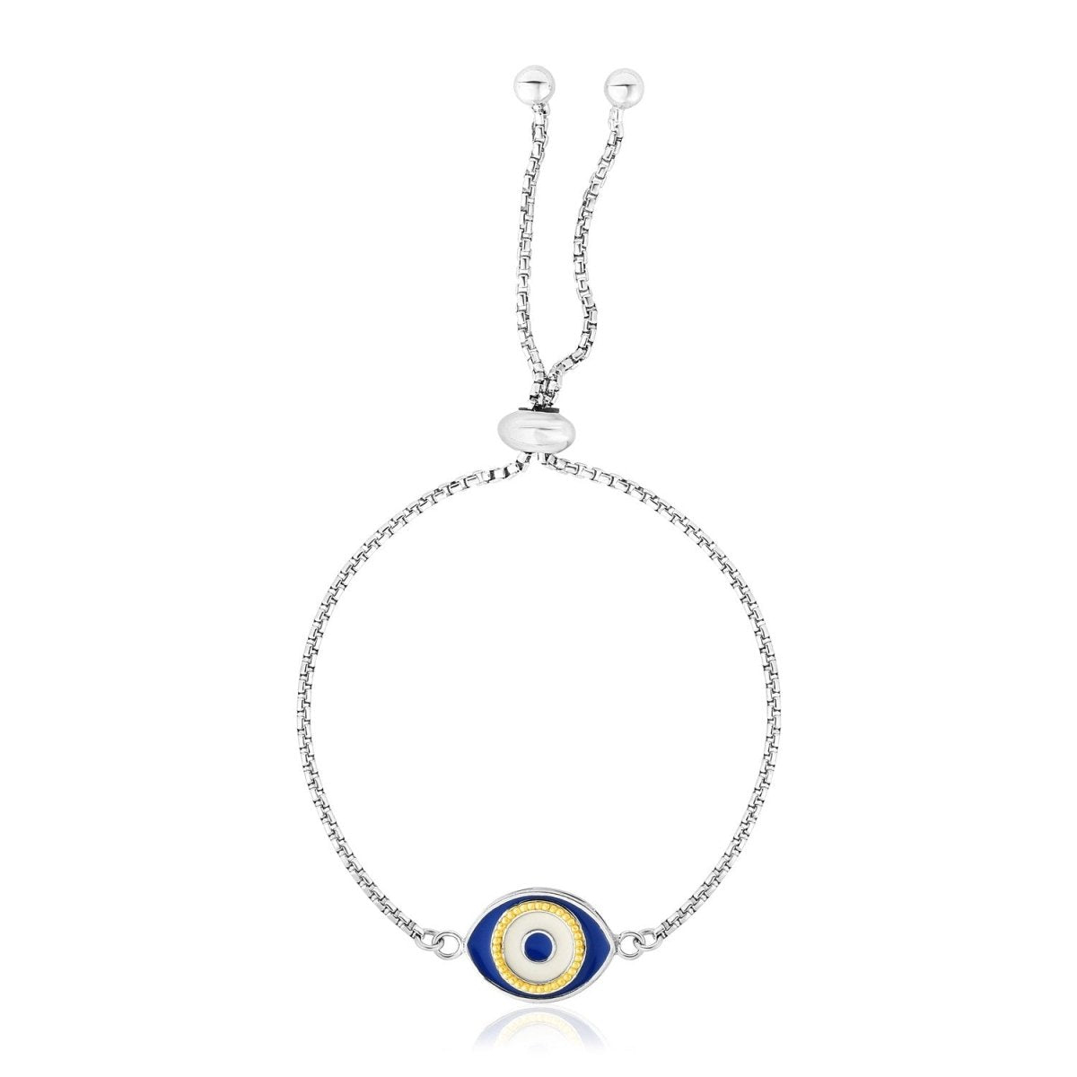 Sterling Silver Adjustable Two Toned Enameled Evil Eye Friendship Bracelet (1.00 mm) - Astrology House